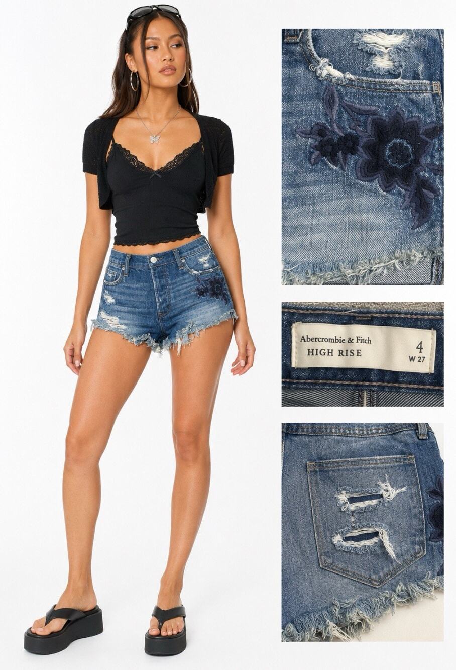 Y2K Indie Sleaze A&F High Rise Distressed Micro Mini Shorts 27 Embroidery Floral